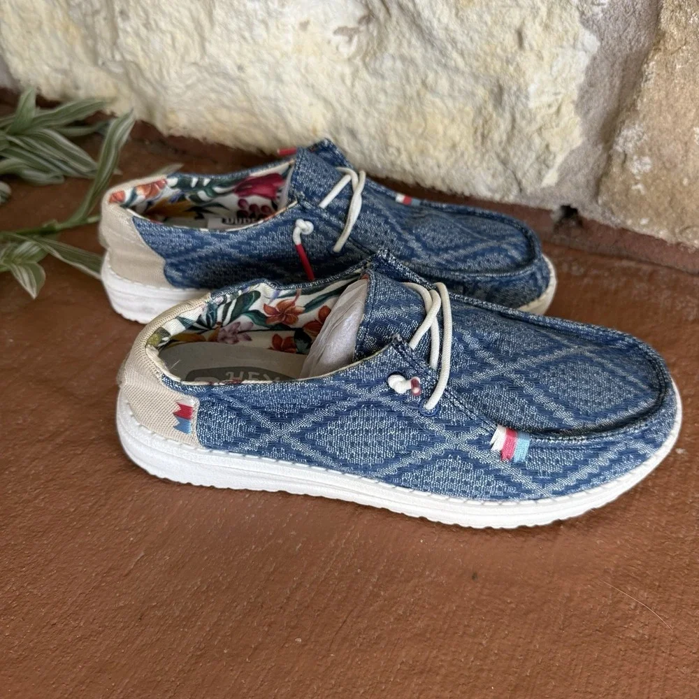 HEY DUDE Wendy Boho Aztec Women's Slip On Shoes Tru Blue US 6